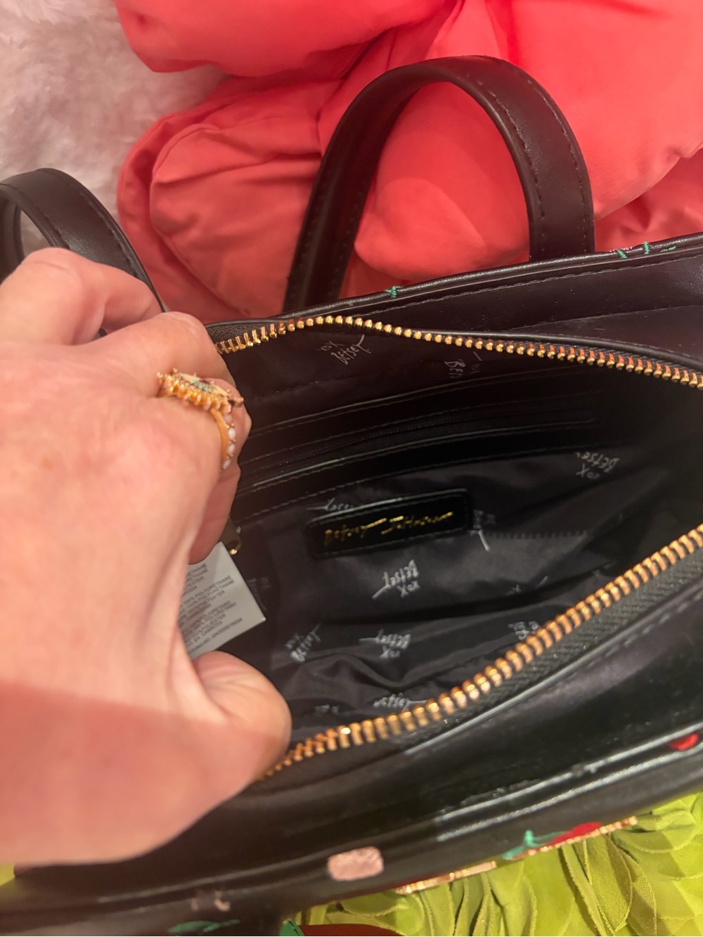 Betsey Johnson Black Satchel with Red & Pink Cherry Embroidery - Picture 6 of 7